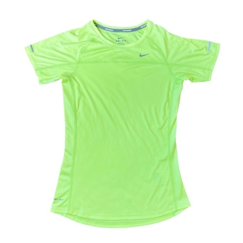 Nike Dri-Fit Running Neon Yellow Green Reflective Short Sleeve Shirt Workout XS